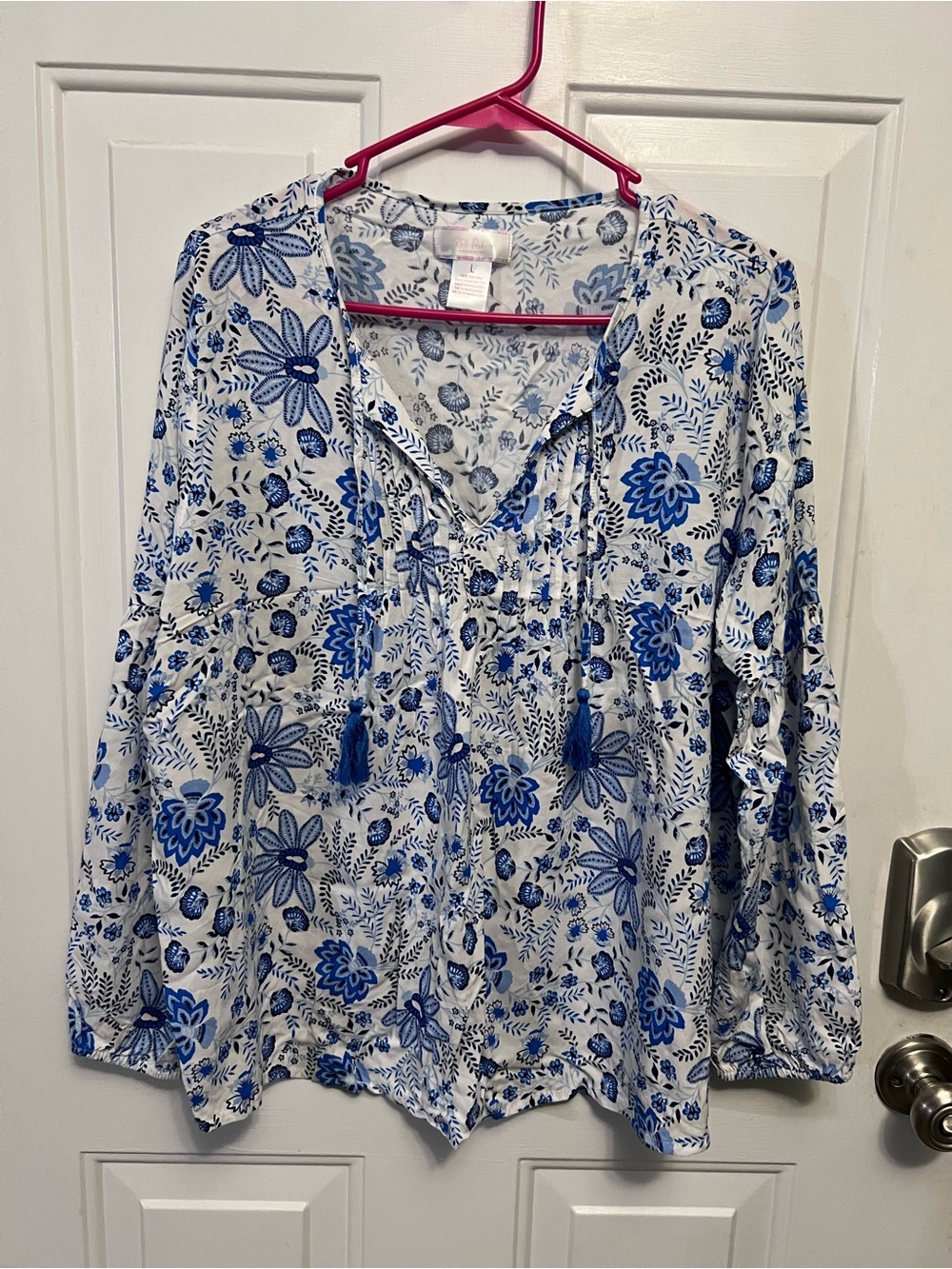 Stella Parker Women’s Blue White Floral Tassel Tie Blouse Long Sleeve L Rayon